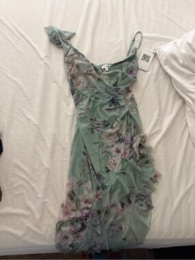Emerald Sundae Mint Green One-Shoulder Floral Ruffle Dress